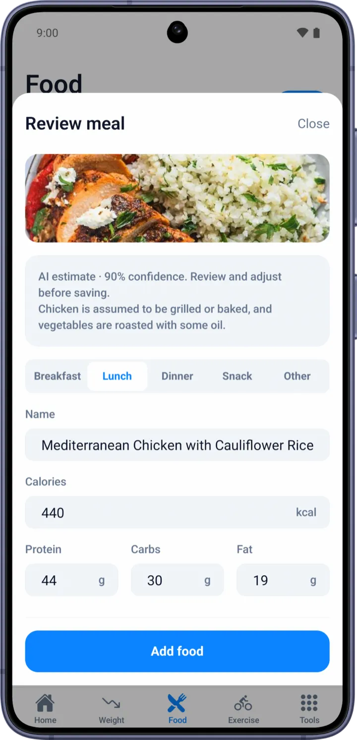 WeightLytic AI food analysis — photo of a meal with calories and macros detected