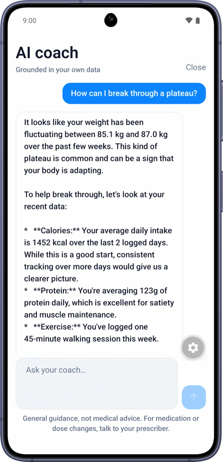 WeightLytic AI coach — answering a question about a weight-loss plateau using the user’s own data